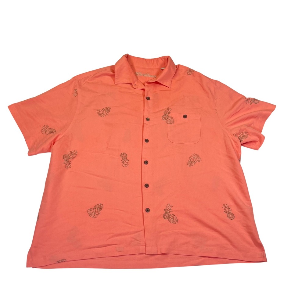 Caribbean Button Up Shirt Mens 2XL Coral Pineapple Tropical Hawaiian Camp‎